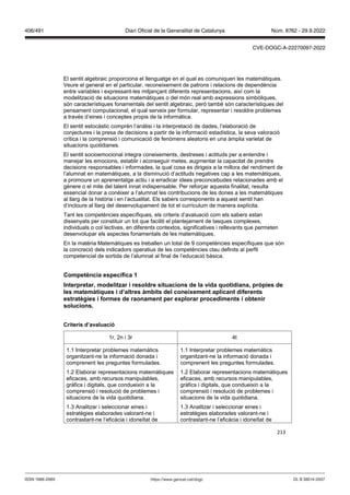 213
El sentit algebraic proporciona el llenguatge en el qual es comuniquen les matemàtiques.
Veure el general en el particular, reconeixement de patrons i relacions de dependència
entre variables i expressant-les mitjançant diferents representacions, així com la
modelització de situacions matemàtiques o del món real amb expressions simbòliques,
són característiques fonamentals del sentit algebraic, però també són característiques del
pensament computacional, el qual serveix per formular, representar i resoldre problemes
a través d’eines i conceptes propis de la informàtica.
El sentit estocàstic comprèn l’anàlisi i la interpretació de dades, l’elaboració de
conjectures i la presa de decisions a partir de la informació estadística, la seva valoració
crítica i la comprensió i comunicació de fenòmens aleatoris en una àmplia varietat de
situacions quotidianes.
El sentit socioemocional integra coneixements, destreses i actituds per a entendre i
manejar les emocions, establir i aconseguir metes, augmentar la capacitat de prendre
decisions responsables i informades, la qual cosa es dirigeix a la millora del rendiment de
l’alumnat en matemàtiques, a la disminució d’actituds negatives cap a les matemàtiques,
a promoure un aprenentatge actiu i a erradicar idees preconcebudes relacionades amb el
gènere o el mite del talent innat indispensable. Per reforçar aquesta finalitat, resulta
essencial donar a conèixer a l’alumnat les contribucions de les dones a les matemàtiques
al llarg de la història i en l’actualitat. Els sabers corresponents a aquest sentit han
d’incloure al llarg del desenvolupament de tot el currículum de manera explícita.
Tant les competències específiques, els criteris d’avaluació com els sabers estan
dissenyats per constituir un tot que faciliti el plantejament de tasques complexes,
individuals o col·lectives, en diferents contextos, significatives i rellevants que permeten
desenvolupar els aspectes fonamentals de les matemàtiques.
En la matèria Matemàtiques es treballen un total de 9 competències específiques que són
la concreció dels indicadors operatius de les competències clau definits al perfil
competencial de sortida de l’alumnat al final de l’educació bàsica.
Competència específica 1
Interpretar, modelit ar i resoldre situacions de la ida quotidiana, pr pies de
les matemàtiques i d’altres àmbits del coneixement aplicant diferents
estratègies i formes de raonament per explorar procediments i obtenir
solucions
Criteris d’a aluació
1r, 2n i 3r 4t
1.1 Interpretar problemes matemàtics
organitzant-ne la informació donada i
comprenent les preguntes formulades.
1.2 Elaborar representacions matemàtiques
eficaces, amb recursos manipulables,
gràfics i digitals, que condueixin a la
comprensió i resolució de problemes i
situacions de la vida quotidiana.
1.3 Analitzar i seleccionar eines i
estratègies elaborades valorant-ne i
contrastant-ne l’eficàcia i idoneïtat de
1.1 Interpretar problemes matemàtics
organitzant-ne la informació donada i
comprenent les preguntes formulades.
1.2 Elaborar representacions matemàtiques
eficaces, amb recursos manipulables,
gràfics i digitals, que condueixin a la
comprensió i resolució de problemes i
situacions de la vida quotidiana.
1.3 Analitzar i seleccionar eines i
estratègies elaborades valorant-ne i
contrastant-ne l’eficàcia i idoneïtat de
DL B 38014-2007
ISSN 1988-298X https://www.gencat.cat/dogc
Núm. 8762 - 29.9.2022
406/491 Diari Oficial de la Generalitat de Catalunya
CVE-DOGC-A-22270097-2022
 