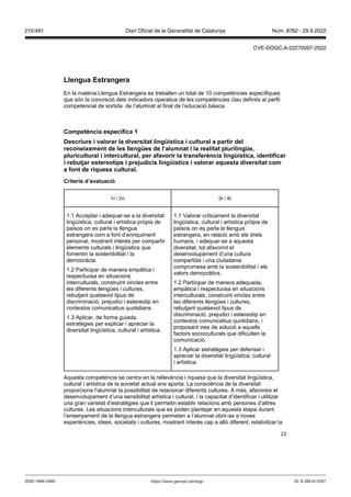 22
Llengua Estrangera
En la matèria Llengua Estrangera es treballen un total de 10 competències específiques
que són la concreció dels indicadors operatius de les competències clau definits al perfil
competencial de sortida de l’alumnat al final de l’educació bàsica.
Competència específica 1
Descriure i alorar la di ersitat lingüística i cultural a partir del
reconeixement de les llengües de l’alumnat i la realitat plurilingüe,
pluricultural i intercultural, per afa orir la transferència lingüística, identificar
i rebut ar estereotips i pre udicis lingüístics i alorar aquesta di ersitat com
a font de riquesa cultural
Criteris d’a aluació
1r i 2n 3r i 4t
1.1 Acceptar i adequar-se a la diversitat
lingüística, cultural i artística pròpia de
països on es parla la llengua
estrangera com a font d’enriquiment
personal, mostrant interès per compartir
elements culturals i lingüístics que
fomentin la sostenibilitat i la
democràcia.
1.2 Participar de manera empàtica i
respectuosa en situacions
interculturals, construint vincles entre
les diferents llengües i cultures,
rebutjant qualsevol tipus de
discriminació, prejudici i estereotip en
contextos comunicatius quotidians.
1.3 Aplicar, de forma guiada,
estratègies per explicar i apreciar la
diversitat lingüística, cultural i artística.
1.1 Valorar críticament la diversitat
lingüística, cultural i artística pròpia de
països on es parla la llengua
estrangera, en relació amb els drets
humans, i adequar-se a aquesta
diversitat, tot afavorint el
desenvolupament d’una cultura
compartida i una ciutadania
compromesa amb la sostenibilitat i els
valors democràtics.
1.2 Participar de manera adequada,
empàtica i respectuosa en situacions
interculturals, construint vincles entre
les diferents llengües i cultures,
rebutjant qualsevol tipus de
discriminació, prejudici i estereotip en
contextos comunicatius quotidians, i
proposant vies de solució a aquells
factors socioculturals que dificulten la
comunicació.
1.3 Aplicar estratègies per defensar i
apreciar la diversitat lingüística, cultural
i artística.
Aquesta competència se centra en la rellevància i riquesa que la diversitat lingüística,
cultural i artística de la societat actual ens aporta. La consciència de la diversitat
proporciona l’alumnat la possibilitat de relacionar diferents cultures. A més, afavoreix el
desenvolupament d’una sensibilitat artística i cultural, i la capacitat d’identificar i utilitzar
una gran varietat d’estratègies que li permetin establir relacions amb persones d’altres
cultures. Les situacions interculturals que es poden plantejar en aquesta etapa durant
l’ensenyament de la llengua estrangera permeten a l’alumnat obrir-se a noves
experiències, idees, societats i cultures, mostrant interès cap a allò diferent; relativitzar la
DL B 38014-2007
ISSN 1988-298X https://www.gencat.cat/dogc
Núm. 8762 - 29.9.2022
215/491 Diari Oficial de la Generalitat de Catalunya
CVE-DOGC-A-22270097-2022
 