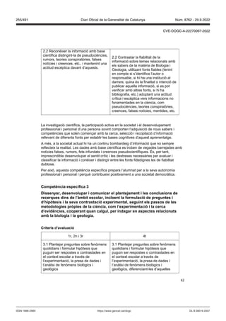 62
2.2 Reconèixer la informació amb base
científica distingint-la de pseudociències,
rumors, teories conspiratòries, falses
notícies i creences, etc., i mantenint una
actitud escèptica davant d’aquests.
2.2 Contrastar la fiabilitat de la
informació sobre temes relacionats amb
els sabers de la matèria de Biologia i
Geologia, utilitzant fonts fiables (tenint
en compte si s’identifica l’autor o
responsable, si hi ha una institució al
darrere, quina és la finalitat o intenció de
publicar aquella informació, si es pot
verificar amb altres fonts, si hi ha
bibliografia, etc.) adoptant una actitud
crítica i escèptica vers informacions no
fonamentades en la ciència, com
pseudociències, teories conspiratòries,
creences, falses notícies, mentides, etc.
La investigació científica, la participació activa en la societat i el desenvolupament
professional i personal d’una persona sovint comporten l’adquisició de nous sabers i
competències que solen començar amb la cerca, selecció i recopilació d’informació
rellevant de diferents fonts per establir les bases cognitives d’aquest aprenentatge.
A més, a la societat actual hi ha un continu bombardeig d’informació que no sempre
reflecteix la realitat. Les dades amb base científica es troben de vegades barrejades amb
notícies falses, rumors, fets infundats i creences pseudocientífiques. És, per tant,
imprescindible desenvolupar el sentit crític i les destreses necessàries per avaluar i
classificar la informació i conèixer i distingir entre les fonts fidedignes les de fiabilitat
dubtosa.
Per això, aquesta competència específica prepara l’alumnat per a la seva autonomia
professional i personal i perquè contribueixi positivament a una societat democràtica.
Competència específica
Dissenyar, desen olupar i comunicar el plante ament i les conclusions de
recerques dins de l’àmbit escolar, incloent la formulació de preguntes i
d’hip tesis i la se a contrastació experimental, seguint els passos de les
metodologies pr pies de la ciència, com l’experimentació i la cerca
d’e idències, cooperant quan calgui, per indagar en aspectes relacionats
amb la biologia i la geologia
Criteris d’a aluació
1r, 2n i 3r 4t
3.1 Plantejar preguntes sobre fenòmens
quotidians i formular hipòtesis que
puguin ser respostes o contrastades en
el context escolar a través de
l’experimentació, la presa de dades i
l’anàlisi de fenòmens biològics i
geològics
3.1 Plantejar preguntes sobre fenòmens
quotidians i formular hipòtesis que
puguin ser respostes o contrastades en
el context escolar a través de
l’experimentació, la presa de dades i
l’anàlisi de fenòmens biològics i
geològics, diferenciant-les d’aquelles
DL B 38014-2007
ISSN 1988-298X https://www.gencat.cat/dogc
Núm. 8762 - 29.9.2022
255/491 Diari Oficial de la Generalitat de Catalunya
CVE-DOGC-A-22270097-2022
 