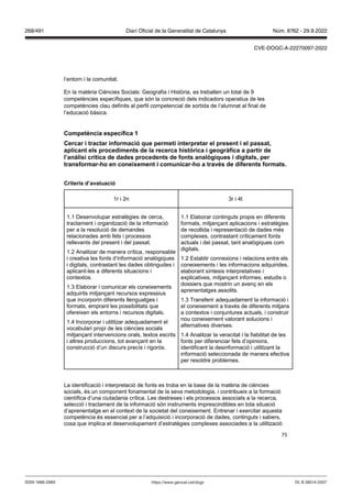 75
l’entorn i la comunitat.
En la matèria Ciències Socials: Geografia i Història, es treballen un total de 9
competències específiques, que són la concreció dels indicadors operatius de les
competències clau definits al perfil competencial de sortida de l‘alumnat al final de
l’educació bàsica.
Competència específica 1
Cercar i tractar informació que permeti interpretar el present i el passat,
aplicant els procediments de la recerca hist rica i geogràfica a partir de
l’anàlisi crítica de dades procedents de fonts anal giques i digitals, per
transformar ho en coneixement i comunicar ho a tra s de diferents formats
Criteris d’a aluació
1r i 2n 3r i 4t
1.1 Desenvolupar estratègies de cerca,
tractament i organització de la informació
per a la resolució de demandes
relacionades amb fets i processos
rellevants del present i del passat.
1.2 Analitzar de manera crítica, responsable
i creativa les fonts d’informació analògiques
i digitals, contrastant les dades obtingudes i
aplicant-les a diferents situacions i
contextos.
1.3 Elaborar i comunicar els coneixements
adquirits mitjançant recursos expressius
que incorporin diferents llenguatges i
formats, emprant les possibilitats que
ofereixen els entorns i recursos digitals.
1.4 Incorporar i utilitzar adequadament el
vocabulari propi de les ciències socials
mitjançant intervencions orals, textos escrits
i altres produccions, tot avançant en la
construcció d’un discurs precís i rigorós.
1.1 Elaborar continguts propis en diferents
formats, mitjançant aplicacions i estratègies
de recollida i representació de dades més
complexes, contrastant críticament fonts
actuals i del passat, tant analògiques com
digitals.
1.2 Establir connexions i relacions entre els
coneixements i les informacions adquirides,
elaborant síntesis interpretatives i
explicatives, mitjançant informes, estudis o
dossiers que mostrin un avenç en els
aprenentatges assolits.
1.3 Transferir adequadament la informació i
el coneixement a través de diferents mitjans
a contextos i conjuntures actuals, i construir
nou coneixement valorant solucions i
alternatives diverses.
1.4 Analitzar la veracitat i la fiabilitat de les
fonts per diferenciar fets d’opinions,
identificant la desinformació i utilitzant la
informació seleccionada de manera efectiva
per resoldre problemes.
La identificació i interpretació de fonts es troba en la base de la matèria de ciències
socials, és un component fonamental de la seva metodologia, i contribueix a la formació
científica d’una ciutadania crítica. Les destreses i els processos associats a la recerca,
selecció i tractament de la informació són instruments imprescindibles en tota situació
d’aprenentatge en el context de la societat del coneixement. Entrenar i exercitar aquesta
competència és essencial per a l’adquisició i incorporació de dades, continguts i sabers,
cosa que implica el desenvolupament d’estratègies complexes associades a la utilització
DL B 38014-2007
ISSN 1988-298X https://www.gencat.cat/dogc
Núm. 8762 - 29.9.2022
268/491 Diari Oficial de la Generalitat de Catalunya
CVE-DOGC-A-22270097-2022
 