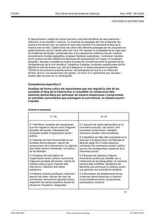 79
El descobriment i anàlisi de l’entorn permet a l’alumnat identificar els seus elements i
relacions, el seu equilibri i evolució. La diversitat de paisatges del món evidencien les
diverses formes de vida i la manera en què cada societat s’ha relacionat al llarg de la
història amb el medi. Caldrà trobar els valors dels diferents paisatges per fer propostes de
gestió territorial, tant en l’àmbit urbà com rural. Per abordar la complexitat de la major part
de problemes territorials i ambientals des d’una perspectiva sistèmica hauran d’aplicar
procediments d’anàlisi geogràfica, proposar hipòtesis explicatives, i comunicar resultats
d’una recerca senzilla utilitzant les tècniques de representació de l’espai i el vocabulari
geogràfic. Aquesta competència implica la presa de consciència sobre la gravetat de les
conseqüències de la crisi climàtica i l’exigència d’adoptar conductes respectuoses amb la
dignitat de tots els éssers vius, per tal d’assegurar un desenvolupament sostenible.
També ha de promoure postures actives i de participació pel que fa a la millora del
territori, tant en una escala local com global, i en favor d’un repartiment just, equitatiu i
solidari dels recursos en un sentit global.
Competència específica
Analit ar de forma crítica els mecanismes que han regulat la ida de les
societats al llarg de la hist ria fins a l’actualitat i la construcció dels
sistemes democràtics per participar de manera respectuosa i compromesa
en acti itats comunitàries que promoguin la con i ència, la cohesió social i
l’equitat
Criteris d’a aluació
1r i 2n 3r i 4t
5.1 Identificar i analitzar els mecanismes
que han regulat la vida en comú d’algunes
societats del passat, interpretant els
principals models d’organització social i
política.
5.2 Distingir els trets fonamentals de les
societats democràtiques i valorar les
consecucions de la democràcia i la vigència
dels drets humans individuals i col·lectius i
de les llibertats.
5.3 Analitzar els trets bàsics de
l’organització social, política i econòmica
d’algunes societats del passat i valorar de
manera crítica el grau d’equitat dels
intercanvis i relacions amb altres
poblacions.
5.4 Mostrar actituds pacífiques i tolerants i
assumir els drets i deures del marc de
convivència, demostrant capacitat crítica i
responent de manera assertiva davant de
situacions d’injustícia i desigualtat.
5.1 Assumir els valors democràtics en la
convivència escolar i de l’entorn, fent
propostes constructives i rebutjant
situacions injustes i discriminatòries.
5.2 Identificar les fites més importants en la
lluita per a la democràcia i les llibertats al
llarg del segle XX a l’estat espanyol,
reconèixer els moviments socials i polítics
que les han protagonitzat i preservar llurs
memòries plurals.
5.3 Exposar els objectius d’alguns
moviments socials que treballen per a
l’eliminació de les desigualtats i la resolució
pacífica dels conflictes, identificant els
elements que promouen la cohesió social i
que generen una consciència solidària.
5.4 Reconèixer els desafiaments de les
modernes democràcies per a l’exercici
d’una ciutadania activa, compromesa,
participativa i inclusiva.
DL B 38014-2007
ISSN 1988-298X https://www.gencat.cat/dogc
Núm. 8762 - 29.9.2022
272/491 Diari Oficial de la Generalitat de Catalunya
CVE-DOGC-A-22270097-2022
 