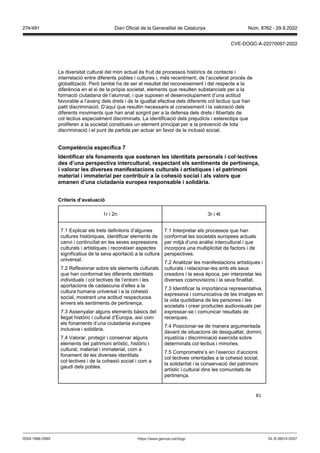 81
La diversitat cultural del món actual és fruit de processos històrics de contacte i
interrelació entre diferents pobles i cultures i, més recentment, de l’accelerat procés de
globalització. Però també ha de ser el resultat del reconeixement i del respecte a la
diferència en el si de la pròpia societat, elements que resulten substancials per a la
formació ciutadana de l’alumnat, i que suposen el desenvolupament d’una actitud
favorable a l’avanç dels drets i de la igualtat efectiva dels diferents col·lectius que han
patit discriminació. D’aquí que resultin necessaris el coneixement i la valoració dels
diferents moviments que han anat sorgint per a la defensa dels drets i llibertats de
col·lectius especialment discriminats. La identificació dels prejudicis i estereotips que
proliferen a la societat constitueix un element principal per a la prevenció de tota
discriminació i el punt de partida per actuar en favor de la inclusió social.
Competència específica
Identificar els fonaments que sostenen les identitats personals i col lecti es
des d’una perspecti a intercultural, respectant els sentiments de pertinen a,
i alorar les di erses manifestacions culturals i artístiques i el patrimoni
material i immaterial per contribuir a la cohesió social i als alors que
emanen d’una ciutadania europea responsable i solidària
Criteris d’a aluació
1r i 2n 3r i 4t
7.1 Explicar els trets definitoris d’algunes
cultures històriques, identificar elements de
canvi i continuïtat en les seves expressions
culturals i artístiques i reconèixer aspectes
significatius de la seva aportació a la cultura
universal.
7.2 Reflexionar sobre els elements culturals
que han conformat les diferents identitats
individuals i col·lectives de l’entorn i les
aportacions de cadascuna d’elles a la
cultura humana universal i a la cohesió
social, mostrant una actitud respectuosa
envers els sentiments de pertinença.
7.3 Assenyalar alguns elements bàsics del
llegat històric i cultural d’Europa, així com
els fonaments d’una ciutadania europea
inclusiva i solidària.
7.4 Valorar, protegir i conservar alguns
elements del patrimoni artístic, històric i
cultural, material i immaterial, com a
fonament de les diverses identitats
col·lectives i de la cohesió social i com a
gaudi dels pobles.
7.1 Interpretar els processos que han
conformat les societats europees actuals
per mitjà d’una anàlisi intercultural i que
incorpora una multiplicitat de factors i de
perspectives.
7.2 Analitzar les manifestacions artístiques i
culturals i relacionar-les amb els seus
creadors i la seva època, per interpretar les
diverses cosmovisions i la seva finalitat.
7.3 Identificar la importància representativa,
expressiva i comunicativa de les imatges en
la vida quotidiana de les persones i les
societats i crear productes audiovisuals per
expressar-se i comunicar resultats de
recerques.
7.4 Posicionar-se de manera argumentada
davant de situacions de desigualtat, domini,
injustícia i discriminació exercida sobre
determinats col·lectius i minories.
7.5 Comprometre’s en l’exercici d’accions
col·lectives orientades a la cohesió social,
la solidaritat i la conservació del patrimoni
artístic i cultural dins les comunitats de
pertinença.
DL B 38014-2007
ISSN 1988-298X https://www.gencat.cat/dogc
Núm. 8762 - 29.9.2022
274/491 Diari Oficial de la Generalitat de Catalunya
CVE-DOGC-A-22270097-2022
 