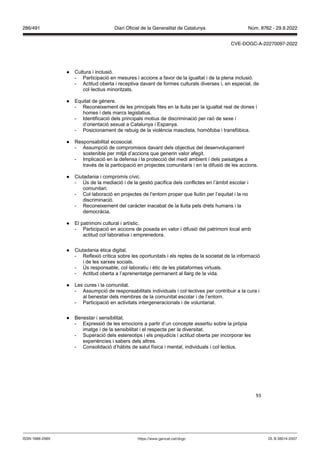 93
● Cultura i inclusió.
- Participació en mesures i accions a favor de la igualtat i de la plena inclusió.
- Actitud oberta i receptiva davant de formes culturals diverses i, en especial, de
col·lectius minoritzats.
● Equitat de gènere.
- Reconeixement de les principals fites en la lluita per la igualtat real de dones i
homes i dels marcs legislatius.
- Identificació dels principals motius de discriminació per raó de sexe i
d’orientació sexual a Catalunya i Espanya.
- Posicionament de rebuig de la violència masclista, homòfoba i transfòbica.
● Responsabilitat ecosocial.
- Assumpció de compromisos davant dels objectius del desenvolupament
sostenible per mitjà d’accions que generin valor afegit.
- Implicació en la defensa i la protecció del medi ambient i dels paisatges a
través de la participació en projectes comunitaris i en la difusió de les accions.
● Ciutadania i compromís cívic.
- Ús de la mediació i de la gestió pacífica dels conflictes en l’àmbit escolar i
comunitari.
- Col·laboració en projectes de l’entorn proper que lluitin per l’equitat i la no
discriminació.
- Reconeixement del caràcter inacabat de la lluita pels drets humans i la
democràcia.
● El patrimoni cultural i artístic.
- Participació en accions de posada en valor i difusió del patrimoni local amb
actitud col·laborativa i emprenedora.
● Ciutadania ètica digital.
- Reflexió crítica sobre les oportunitats i els reptes de la societat de la informació
i de les xarxes socials.
- Ús responsable, col·laboratiu i ètic de les plataformes virtuals.
- Actitud oberta a l’aprenentatge permanent al llarg de la vida.
● Les cures i la comunitat.
- Assumpció de responsabilitats individuals i col·lectives per contribuir a la cura i
al benestar dels membres de la comunitat escolar i de l’entorn.
- Participació en activitats intergeneracionals i de voluntariat.
● Benestar i sensibilitat.
- Expressió de les emocions a partir d’un concepte assertiu sobre la pròpia
imatge i de la sensibilitat i el respecte per la diversitat.
- Superació dels estereotips i els prejudicis i actitud oberta per incorporar les
experiències i sabers dels altres.
- Consolidació d’hàbits de salut física i mental, individuals i col·lectius.
DL B 38014-2007
ISSN 1988-298X https://www.gencat.cat/dogc
Núm. 8762 - 29.9.2022
286/491 Diari Oficial de la Generalitat de Catalunya
CVE-DOGC-A-22270097-2022
 