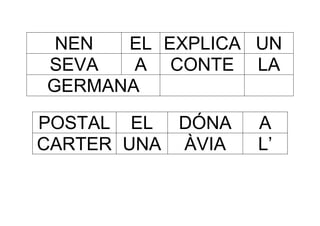 NEN  EL EXPLICA UN
SEVA   A CONTE LA
GERMANA

POSTAL EL DÓNA    A
CARTER UNA ÀVIA   L’
 