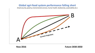 Global agri-food system performance falling short
(Food security, poverty, environmental services, human health, biodiversity, sustainability etc.)
Now 2016 Future 2030-2050
B
A
 