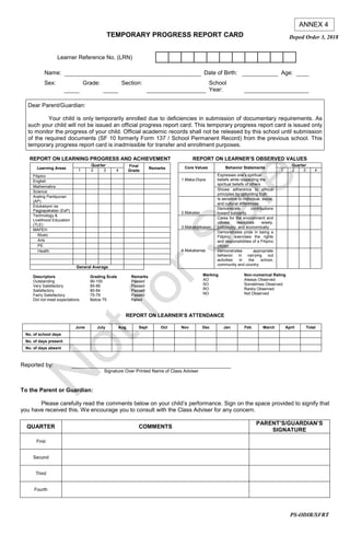 TEMPORARY PROGRESS REPORT CARD
Learner Reference No. (LRN)
Name: Date of Birth: Age:
Sex: Grade: Section: School
Year:
Dear Parent/Guardian:
Your child is only temporarily enrolled due to deficiencies in submission of documentary requirements. As
such your child will not be issued an official progress report card. This temporary progress report card is issued only
to monitor the progress of your child. Official academic records shall not be released by this school until submission
of the required documents (SF 10 formerly Form 137 / School Permanent Record) from the previous school. This
temporary progress report card is inadmissible for transfer and enrollment purposes.
REPORT ON LEARNING PROGRESS AND ACHIEVEMENT REPORT ON LEARNER’S OBSERVED VALUES
Learning Areas
Quarter Final
Grade
Remarks
1 2 3 4
Filipino
English
Mathematics
Science
Araling Panlipunan
(AP)
Edukasyon sa
Pagpapakatao (EsP)
Technology &
Livelihood Education
(TLE)
MAPEH
Music
Arts
PE
Health
General Average
Core Values Behavior Statements
Quarter
1 2 3 4
1.Maka-Diyos
Expresses one’s spiritual
beliefs while respecting the
spiritual beliefs of others
Shows adherence to ethical
principles by upholding truth
2.Makatao
Is sensitive to individual, social,
and cultural differences
Demonstrate contributions
toward solidarity
3.Makakalikasan
Cares for the environment and
utilizes resources wisely,
judiciously, and economically
4.Makabansa
Demonstrates pride in being a
Filipino, exercises the rights
and responsibilities of a Filipino
citizen
Demonstrates appropriate
behavior in carrying out
activities in the school,
community and country
Descriptors Grading Scale Remarks
Outstanding 90-100 Passed
Very Satisfactory 85-89 Passed
Satisfactory 80-84 Passed
Fairly Satisfactory 75-79 Passed
Did not meet expectations Below 75 Failed
REPORT ON LEARNER’S ATTENDANCE
June July Aug Sept Oct Nov Dec Jan Feb March April Total
No. of school days
No. of days present
No. of days absent
Reported by:
Signature Over Printed Name of Class Adviser
To the Parent or Guardian:
Please carefully read the comments below on your child’s performance. Sign on the space provided to signify that
you have received this. We encourage you to consult with the Class Adviser for any concern.
QUARTER COMMENTS
PARENT’S/GUARDIAN’S
SIGNATURE
First
Second
Third
Fourth
Marking Non-numerical Rating
AO Always Observed
SO Sometimes Observed
RO Rarely Observed
NO Not Observed
ANNEX 4
Deped Order 3, 2018
PS-ODIR/SFRT
 