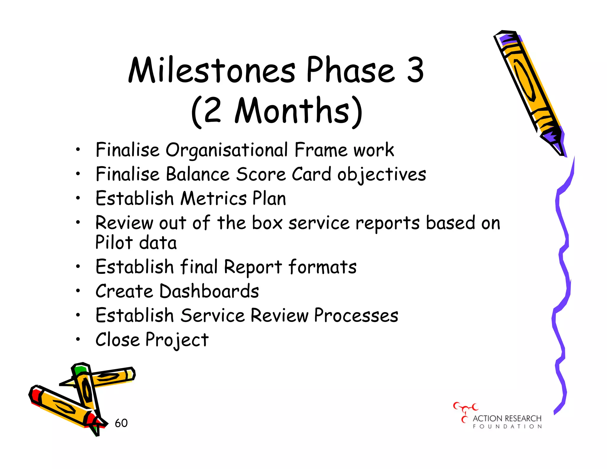 Milestones Phase 3
           (2 Months)
•   Finalise Organisational Frame work
•   Finalise Balance Score Card objectives
•   Establish Metrics Plan
•   Review out of the box service reports based on
    Pilot data
•   Establish final Report formats
•   Create Dashboards
•   Establish Service Review Processes
•   Close Project



      60
 