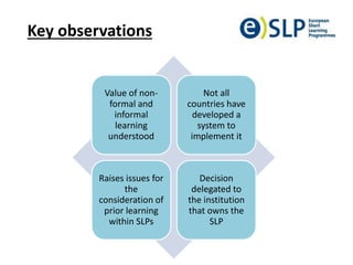 Key observations
Value of non-
formal and
informal
learning
understood
Not all
countries have
developed a
system to
implement it
Raises issues for
the
consideration of
prior learning
within SLPs
Decision
delegated to
the institution
that owns the
SLP
 