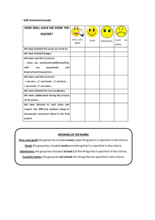 - Self-assessment poster
MEANING OF THE RUBRIC
Very,very good: the group has included every single thing that it is specified in the criteria.
Good: the group has included nearly everything that it is specified in the criteria.
Satisfactory: the group has included at least 1 of the things that is specified in the criteria.
Could be better: the group do not include the things that are specified in the criteria.
 
