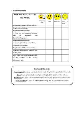 - Co-evaluation poster
MEANING OF THE RUBRIC
Very,very good: the group has included every single thing that it is specified in the criteria.
Good: the group has included nearly everything that it is specified in the criteria.
Satisfactory: the group has included at least 1 of the things that is specified in the criteria.
Could be better: the group do not include the things that are specified in the criteria.
 