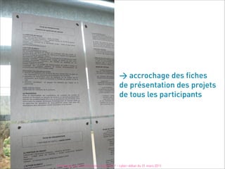 > accrochage des fiches
                                        de présentation des projets
                                        de tous les participants




Printemps de la Démocratie Locale 2011 - cyber-débat du 31 mars 2011
 