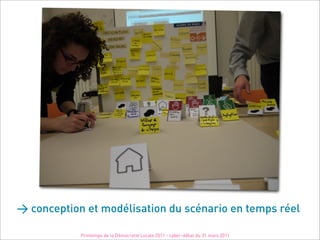 > conception et modélisation du scénario en temps réel

            Printemps de la Démocratie Locale 2011 - cyber-débat du 31 mars 2011
 