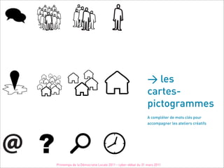 e 2011 / Kit Printemps1/5 la démocratie 2011 / Kit du débatde la démocratie 2011 / Kit du débat 3/5
                                                                   du débat de
                                                                                                                                                            > les




                                                                                                      Printemps 2/5
                                                                                                                                                            cartes-
@                                                                                                                                                           pictogrammes
                                                                                                                                                            A compléter de mots clés pour
                                                                                                                                                            accompagner les ateliers créatifs




@
    Printemps de la Démocratie Locale 2011 - cyber-débat du 31 mars 2011
 
