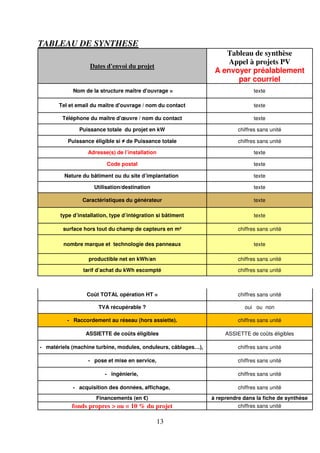 13
TABLEAU DE SYNTHESE
Dates d'envoi du projet
Tableau de synthèse
Appel à projets PV
A envoyer préalablement
par courriel
Nom de la structure maître d'ouvrage = texte
Tel et email du maître d'ouvrage / nom du contact texte
Téléphone du maître d'œuvre / nom du contact texte
Puissance totale du projet en kW chiffres sans unité
Puissance éligible si ≠ de Puissance totale chiffres sans unité
Adresse(s) de l’installation texte
Code postal texte
Nature du bâtiment ou du site d’implantation texte
Utilisation/destination texte
Caractéristiques du générateur texte
type d’installation, type d’intégration si bâtiment texte
surface hors tout du champ de capteurs en m² chiffres sans unité
nombre marque et technologie des panneaux texte
productible net en kWh/an chiffres sans unité
tarif d’achat du kWh escompté chiffres sans unité
Coût TOTAL opération HT = chiffres sans unité
TVA récupérable ? oui ou non
- Raccordement au réseau (hors assiette). chiffres sans unité
ASSIETTE de coûts éligibles ASSIETTE de coûts éligibles
- matériels (machine turbine, modules, onduleurs, câblages…), chiffres sans unité
- pose et mise en service, chiffres sans unité
- ingénierie, chiffres sans unité
- acquisition des données, affichage, chiffres sans unité
Financements (en €) à reprendre dans la fiche de synthèse
fonds propres > ou = 10 % du projet chiffres sans unité
 