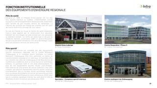 Centre multisport de Châteauguay
© Ville de Châteauguay
Centre Desjardins / Phase II
© Cohésio Architecture
FONCTION INSTITUTIONNELLE
DES ÉQUIPEMENTS D’ENVERGURE RÉGIONALE
Sportplex / Complexe sportif intérieur
© Ville de Châteauguay
Pôle de santé
Inauguré en 1988, le l’Hôpital Anna-Laberge est l’un des
plus récents hôpitaux au Québec. L’établissement connaît
aujourd’hui une forte augmentation de ses activités, notamment
avec l’arrivée de son nouveau service de cardiologie. La
majorité des activités de l’hôpital est orientée vers les soins
de courte durée et la chirurgie de court séjour.
Au sud de l’hôpital se trouve le Centre de santé Desjardins.
Celui-ci sera agrandi par la construction d’un deuxième
bâtiment de cinq étages qui sera annexé par une passerelle
au bâtiment existant. Ce centre de santé loge le Groupe de
médecine familiale universitaire (GMF-U) Jardins-Roussillon,
les services de santé mentale du CISS de la Montérégie-Ouest
ainsi que plusieurs services de santé privés.
Pôle sportif
Le pôle institutionnel est complété par des équipements
sportifs d’envergure régionale, soit le Centre Multisport
Châteauguay et le complexe sportif Sportplex. Le Centre
Multisport Châteauguay offre trois patinoires, un centre de
conditionnement physique et un resto-pub. Le Sportplex offre
aux citoyens des villes de Châteauguay et de Beauharnois de
nombreuses installations, dont un terrain de soccer synthétique
intérieur, un gymnase triple et une piste d’entrainement. En
plus de ces équipements sportifs, l’école Louis-Philippe-
Paré dispose de cinq terrains de soccer extérieur. C’est sans
compter que d’autres équipements sportifs seront construits
prochainement, tels un nouveau terrain synthétique extérieur
pour la pratique du football et du soccer qui sera entouré d’une
piste d’entraînement (travaux en cours, prévus pour 2023), ainsi
que le complexe aquatique intérieur qui sera situé à côté du
Sportplex et dont l’ouverture est prévue pour 2024.
Hôpital Anna-Laberge
© Olivier Pontbriand
PPU - Boulevard René-Lévesque, secteur Ouest 20
 