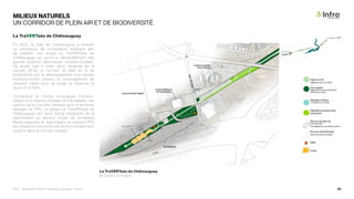 MILIEUX NATURELS
UN CORRIDOR DE PLEIN AIR ET DE BIODIVERSITÉ
La TraVERTsée de Châteauguay
En 2021, la Ville de Châteauguay a entamé
un processus de consultation publique afin
de planifier son projet La TraVERTsée de
Châteauguay qui suivra le démantèlement des
grands pylônes électriques d’Hydro-Québec.
Ce projet vise à créer, dans l’emprise de la
société d’État, un corridor de plein air et de
biodiversité par le développement d’un sentier
multifonctionnel continu et l’aménagement de
diverses haltes pour se poser et observer la
faune et la flore.
Connectant le Centre écologique Fernand-
Séguin et la réserve mohawk de Kahnawake, une
section de ce corridor traverse ainsi le territoire
assujetti au PPU. Le projet La TraVERTsée de
Châteauguay fait donc partie intégrante de la
planification du secteur Ouest du boulevard
René-Lévesque et sera intégré au présent PPU
afin d’assurer une continuité verte et visuellement
ouverte dans le corridor projeté.
La TraVERTsée de Châteauguay
© Castor et Pollux
PPU - Boulevard René-Lévesque, secteur Ouest 22
 