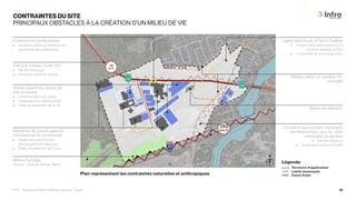 N
Plan représentant les contraintes naturelles et anthropiques
CONTRAINTES DU SITE
PRINCIPAUX OBSTACLES À LA CRÉATION D’UN MILIEU DE VIE
Entrée/sortie d’ambulances
• Nuisance sonore produite par les
gyrophares des ambulances
Bassin de rétention
Lignes électriques d’Hydro-Québec
• Pylônes électriques traversant le
territoire assujetti au PPU
• Contraintes de non-construction
Vastes superficies d’aires de
stationnement
• Présence d’îlots de chaleur
• Obstacles à la mobilité active
• Faible encadrement de la rue
Milieux humides
(Source : Canards illimités, 2022)
Circulation autoroutière importante
(entrées/sorties) vers les voies
principales du secteur
• Barrière physique
• Nuisances sonore et visuelle
Bâtiments de grands gabarits
(institutionnel et commercial)
• Implantation pavillonnaire
des équipements régionaux
• Faible encadrement de la rue
Fracture urbaine (route 132)
• Barrière physique
• Nuisance sonore et visuelle
Réseau piéton et cyclable non
complété
Légende
Territoire d’application
Limite municipale
Cours d’eau
PPU - Boulevard René-Lévesque, secteur Ouest 25
 