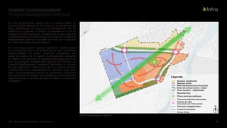 Légende
Territoire d’application
Entrée de ville
(sécurisation de l’intersection)
Place centrale publique
Traverse piétonne sécurisée
Nouveau lien
Zone tampon - végétalisée
Zone de conservation - boisé
Pôle institutionnel et de santé
Secteur mixte
Secteur résidentiel
Limite municipale
Cours d’eau
N
Plan d’organisation spatiale
CONCEPT D’AMÉNAGEMENT
PLAN D’ORGANISATION SPATIALE
Un plan d’organisation spatiale pour le secteur Ouest du
boulevard René-Lévesque a été conçu afin de représenter de
façon schématique les cinq piliers d’aménagement. Afin de
constituer un « quartier en santé », ce nouveau milieu de vie
complet et dense optimisera l’utilisation du sol pour favoriser
la mobilité active au sein du site tout en misant sur la présence
d’équipements sportifs et de santé ainsi que sur la proximité
du centre écologique Fernand-Séguin.
Le plan d’organisation spatiale représente l’établissement
d’un corridor de plein air et de biodiversité dans la servitude
d’Hydro-Québec. Ce projet structurant, comprenant des
haltes de verdure et un sentier multifonctionnel, permettra
de révéler et de valoriser les nouveaux développements ainsi
que les principales composantes actuelles du territoire. Le
concept d’aménagement représente également le maillage
de liens physiques à l’intérieur des îlots, qui viendra renforcer
l’interconnexion des composantes du territoire entre elles.
Enfin, le plan permet de visualiser les intersections à sécuriser
afin de favoriser le transport actif et d’assurer une connectivité
sécuritaire entre le territoire assujetti au PPU et les quartiers
limitrophes.
PPU - Boulevard René-Lévesque, secteur Ouest 36
 