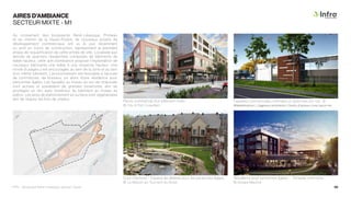 AIRES D’AMBIANCE
SECTEUR MIXTE - M1
Au croisement des boulevards René-Lévesque, Primeau
et du chemin de la Haute-Rivière, de nouveaux projets de
développement commerciaux ont vu le jour récemment
ou sont en cours de construction, représentant la première
phase de requalification de cette entrée de ville. Localisée aux
abords de quartiers résidentiels composés de bâtiments de
faible hauteur, cette aire d’ambiance propose l’implantation de
nouveaux bâtiments une faible à une moyenne hauteur. Une
mixité d’usages y est encouragée, au sein de la zone et au sein
d’un même bâtiment. L’environnement est favorable à l’accueil
de commerces, de bureaux, ou alors d’une résidence pour
personnes âgées. Les façades au niveau du rez-de-chaussée
sont actives et possèdent de grandes ouvertures, afin de
privilégier un lien avec l’extérieur du bâtiment au niveau du
piéton. Les aires de stationnement en surface sont végétalisées
afin de réduire les îlots de chaleur.
Cour intérieure - Espace de détente pour les personnes âgées.
© La Maison au Tournant du Boisé
Façades commerciales rythmées et distinctes sur rue. ©
©Modélisation J. Dagenais Architecte / Droits d’auteurs Line Laurin Inc
Parvis commercial d’un bâtiment mixte.
© City of Port Coquitlam
Résidence pour personnes âgées - Terrasse commune.
© Groupe Maurice
PPU - Boulevard René-Lévesque, secteur Ouest 50
 