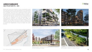 AIRES D’AMBIANCE
SECTEUR MIXTE - M3
Bénéficiant d’une forte visibilité et d’une accessibilité à partir
des voies autoroutières, cette aire d’ambiance est caractérisée
par la présence de commerces de moyenne et grande surface.
Pour compléter cette aire mixte, l’implantation d’une majorité
de commerces de moyenne et grande surface est requise. La
mixité verticale au sein d’un même bâtiment érigé en hauteur est
préconisée afin d’abriter d’autres fonctions complémentaires.
Les quais de chargement, les aires d’entreposage et les
stationnements extérieurs sont distancés des usages plus
sensibles et leur impact visuel est minimisé par rapport à la voie
publique. Afin de réduire les îlots de chaleur et d’assurer une
meilleure gestion des eaux pluviales, les aires de stationnement
en surface sont végétalisées, en plus d’y intégrer des jardins
de pluie.
Mixité verticale - Commerce de grande surface et bureaux.
© Querkraft Architekten
Bâtiments mixtes présentant des jeux de volume et de hauteur.
© Hefkwartier
Mixité verticale - Commerce de moyenne surface et résidentiel.
© ESG Architecture  Design
Végétalisation des aires de stationnement en surface.
© Stormwater Coalition of Tompkins County
PPU - Boulevard René-Lévesque, secteur Ouest 53
 