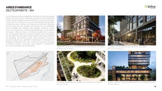 AIRES D’AMBIANCE
SECTEUR MIXTE - M4
L’aire d’ambiance M4 privilégie des bâtiments mixtes de grande
hauteur, en raison de son excellente visibilité et son accessibilité
à partir des principales artères traversant le secteur. De larges
ouvertures sont à prévoir au rez-de-chaussée afin de favoriser
l’interaction entre l’intérieur et l’extérieur du bâtiment (façades
actives). Des jeux de volumes, de hauteurs et de matérialité
sont privilégiés afin d’obtenir des façades rythmées, créant
ainsi une composition architecturale dynamique et permettant
de réduire « l’effet de masse » à l’échelle du piéton. Au niveau du
sol, les espaces piétons et espaces publics sont encouragés
afin de tisser une toile piétonne permettant aux futurs résidents
de privilégier les parcours actifs. Des terrasses en hauteur
prennent place pour permettre l’implantation d’espaces de
détente à l’extérieur. Enfin, pour réduire les nuisances sonores
et atténuer l’impact visuel des voies majeures, l’implantation
d’un talus verdoyant est la bienvenue. Traitement dynamique du revêtement (horizontalité vs verticalité).
© Great Gulf /Hullmark
Façades commerciales actives au rez-de-chaussée.
© Studios Architecture
Terrasses végétalisées accessibles et conviviales, en hauteur
© Hoerr Schadt
Jeu de volumes - tour de grande hauteur sur un basilaire ouvert.
© Rose Disarno
PPU - Boulevard René-Lévesque, secteur Ouest 54
 