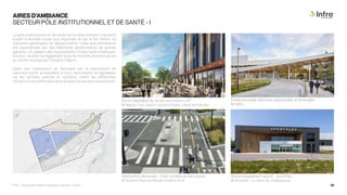 AIRES D’AMBIANCE
SECTEUR PÔLE INSTITUTIONNEL ET DE SANTÉ - I
Le pôle institutionnel et de santé est un pôle d’emploi important
autant à l’échelle locale que régionale, et par le fait même, un
important générateur de déplacements. Cette aire d’ambiance
est caractérisée par des bâtiments pavillonnaires de grands
gabarits, où siègent des équipements d’importante envergure.
De plus, ce pôle est également la porte d’entrée donnant accès
au centre écologique Fernand-Séguin.
Cette aire d’ambiance se distingue par la valorisation de
parcours actifs, accessibles à tous, sécuritaires et agréables,
via les sentiers piétons et cyclistes reliant les différentes
infrastructures entre elles ainsi qu’avec les secteurs avoisinants.
Parvis végétalisé de l’école secondaire LPP.
© Marosi Troy, Jodoin Lamarre Pratte, Labbé architectes
Entrée principale distinctive, appropriable et aménagée.
© NBBJ
Intersection sécurisée - Piste cyclable en site propre.
© Queens Plaza by Margie Ruddick et al.
Nouvel équipement sportif - SportPlex.
© Archives - Le Soleil de Châteauguay
PPU - Boulevard René-Lévesque, secteur Ouest 56
 