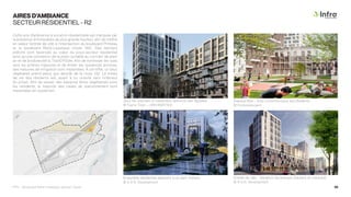 AIRES D’AMBIANCE
SECTEUR RÉSIDENTIEL - R2
Cette aire d’ambiance à vocation résidentielle est marquée par
la présence d’immeubles de plus grande hauteur, afin de mettre
en valeur l’entrée de ville à l’intersection du boulevard Primeau
et le boulevard René-Levesque (route 132). Des sentiers
piétons sont favorisés au cœur du sous-secteur résidentiel
ainsi qu’une connexion de la piste cyclable au corridor de plein
air et de biodiversité la TraVERTsée. Afin de minimiser les vues
vers les artères majeures et de limiter les nuisances sonores,
des mesures de mitigation sont implantées. À cet effet, un talus
végétalisé prend place aux abords de la route 132. Le milieu
de vie des résidents est, quant à lui, orienté vers l’intérieur
du projet. Afin de laisser des espaces libres végétalisés pour
les résidents, la majorité des cases de stationnement sont
implantées en souterrain.
Jeux de volumes et traitement distinctif des façades.
© Fayna Town – ARKHIMATIKA
Espace libre - Aire commune pour les résidents.
© Simbirskproject
Ensemble résidentiel adjacent à un parc linéaire.
© K.A.N. Development
Entrée de ville - Variation dynamique (hauteur et volumes).
© K.A.N. Development
PPU - Boulevard René-Lévesque, secteur Ouest 58
 