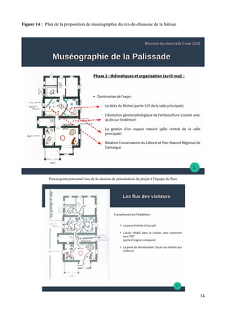 Figure 14 : Plan de la proposition de muséographie du rez-de-chaussée de la bâtisse
Power-point personnel issu de la réunion de présentation du projet à l'équipe du Parc
14
 