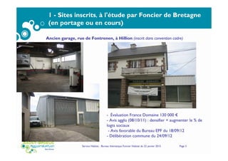 Service Habitat - Bureau thématique Foncier Habitat du 22 janvier 2015 Page 5
1 - Sites inscrits, à l'étude par Foncier de Bretagne
(en portage ou en cours)
Ancien garage, rue de Fontrenen, à Hillion (inscrit dans convention cadre)
église
mairie
- Évaluation France Domaine 130 000 €
- Avis agglo (08/10/11) : densifier + augmenter le % de
logts sociaux
- Avis favorable du Bureau EPF du 18/09/12
- Délibération commune du 24/09/12
 