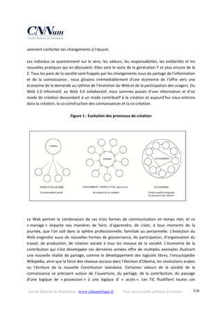 Conseil National du Numérique ‐ www.cnnumerique.fr    Pour une nouvelle politique d’inclusion    136
viennent conforter ces changements à l’œuvre. 
 
Les individus se questionnent sur le sens, les valeurs, les responsabilités, les solidarités et les 
nouvelles pratiques qui en découlent. Elles sont le socle de la génération Y et plus encore de la 
Z. Tous les pans de la société sont frappés par les changements issus du partage de l’information 
et  de  la  connaissance ;  nous  glissons  irrémédiablement  d’une  économie  de  l’offre  vers  une 
économie de la demande au rythme de l’évolution du Web et de la participation des usagers. Du 
Web 1.0 informatif, au Web 3.0 collaboratif, nous sommes passés d’une information et d’un 
mode de création descendant à un mode contributif à la création et aujourd’hui nous entrons 
dans la création, la co‐construction des connaissances et la co‐création. 
 
Figure 1 : Evolution des processus de création 
 
 
 
Le  Web  permet  la  combinaison  de  ces  trois  formes  de  communication  en  temps  réel,  et  ce 
« mariage »  impacte  nos  manières  de  faire,  d’apprendre,  de  créer,  à  tous  moments  de  la 
journée, que l’on soit dans la sphère professionnelle, familiale ou personnelle. L’évolution du 
Web engendre aussi de nouvelles formes de gouvernance, de participation, d’organisation du 
travail,  de  production,  de  relation  sociale  à  tous  les  niveaux  de  la  société.  L’économie  de  la 
contribution qui s’est développée ces dernières années offre de multiples exemples illustrant 
une nouvelle réalité de partage, comme le développement des logiciels libres, l’encyclopédie 
Wikipédia, ainsi que la force des réseaux sociaux dans l’élection d’Obama, les révolutions arabes 
ou  l’écriture  de  la  nouvelle  Constitution  islandaise.  Certaines  valeurs  de  la  société  de  la 
connaissance  se  précisent  autour  de  l’ouverture,  du  partage,  de  la  contribution,  du  passage 
d’une  logique  de  « possession »  à  une  logique  d’  «  accès ».  Les  TIC  fluidifient  toutes  ces 
 