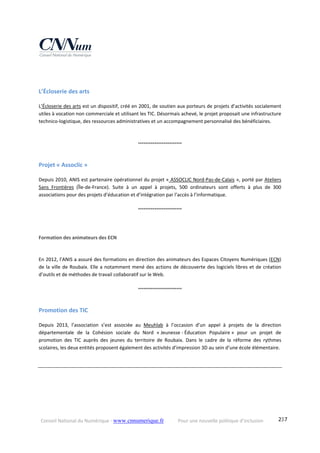 Conseil National du Numérique ‐ www.cnnumerique.fr    Pour une nouvelle politique d’inclusion    237
L’Écloserie des arts 
L’Écloserie des arts est un dispositif, créé en 2001, de soutien aux porteurs de projets d’activités socialement 
utiles à vocation non commerciale et utilisant les TIC. Désormais achevé, le projet proposait une infrastructure 
technico‐logistique, des ressources administratives et un accompagnement personnalisé des bénéficiaires.
°°°°°°°°°°°°°°°°°°°°°°°°
Projet « Assoclic » 
Depuis 2010, ANIS est partenaire opérationnel du projet « ASSOCLIC Nord‐Pas‐de‐Calais », porté par Ateliers 
Sans  Frontières  (Île‐de‐France).  Suite  à  un  appel  à  projets,  500  ordinateurs  sont  offerts  à  plus  de  300 
associations pour des projets d’éducation et d’intégration par l’accès à l’informatique.
°°°°°°°°°°°°°°°°°°°°°°°°
Formation des animateurs des ECN 
En 2012, l’ANIS a assuré des formations en direction des animateurs des Espaces Citoyens Numériques (ECN) 
de la ville de Roubaix. Elle a notamment mené des actions de découverte des logiciels libres et de création 
d’outils et de méthodes de travail collaboratif sur le Web.
°°°°°°°°°°°°°°°°°°°°°°°°
Promotion des TIC 
Depuis  2013,  l’association  s’est  associée  au  Meuhlab  à  l’occasion  d’un  appel  à  projets  de  la  direction 
départementale  de  la  Cohésion  sociale  du  Nord  « Jeunesse ‐ Éducation  Populaire »  pour  un  projet  de 
promotion  des  TIC  auprès  des  jeunes  du  territoire  de  Roubaix.  Dans  le  cadre  de  la  réforme  des  rythmes 
scolaires, les deux entités proposent également des activités d’impression 3D au sein d’une école élémentaire.
 