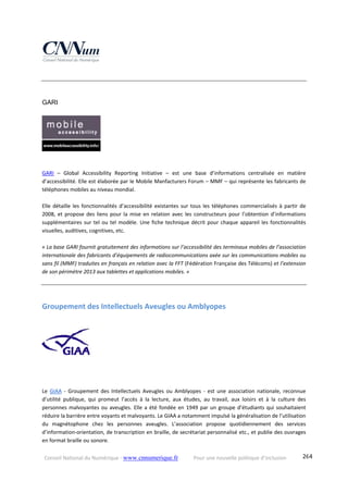 Conseil National du Numérique ‐ www.cnnumerique.fr    Pour une nouvelle politique d’inclusion    264
GARI
GARI  –  Global  Accessibility  Reporting  Initiative  –  est  une  base  d’informations  centralisée  en  matière 
d’accessibilité. Elle est élaborée par le Mobile Manfacturers Forum – MMF – qui représente les fabricants de 
téléphones mobiles au niveau mondial. 
 
Elle  détaille  les  fonctionnalités  d’accessibilité  existantes  sur  tous  les  téléphones  commercialisés  à  partir  de 
2008, et propose des liens  pour la mise  en relation avec les constructeurs pour l’obtention d’informations 
supplémentaires sur tel ou tel modèle. Une fiche technique décrit pour chaque appareil les fonctionnalités 
visuelles, auditives, cognitives, etc. 
 
« La base GARI fournit gratuitement des informations sur l’accessibilité des terminaux mobiles de l’association 
internationale des fabricants d’équipements de radiocommunications axée sur les communications mobiles ou 
sans fil (MMF) traduites en français en relation avec la FFT (Fédération Française des Télécoms) et l’extension 
de son périmètre 2013 aux tablettes et applications mobiles. » 
Groupement des Intellectuels Aveugles ou Amblyopes 
Le  GIAA  ‐  Groupement  des  Intellectuels  Aveugles  ou  Amblyopes  ‐  est  une  association  nationale,  reconnue 
d’utilité  publique,  qui  promeut  l’accès  à  la  lecture,  aux  études,  au  travail,  aux  loisirs  et  à  la  culture  des 
personnes malvoyantes ou aveugles. Elle a été fondée en 1949 par un groupe d’étudiants qui souhaitaient 
réduire la barrière entre voyants et malvoyants. Le GIAA a notamment impulsé la généralisation de l’utilisation 
du  magnétophone  chez  les  personnes  aveugles.  L’association  propose  quotidiennement  des  services 
d’information‐orientation, de transcription en braille, de secrétariat personnalisé etc., et publie des ouvrages 
en format braille ou sonore. 
 