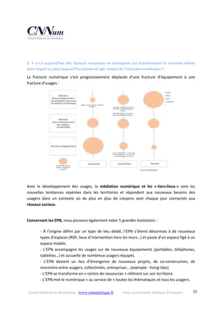 Conseil National du Numérique ‐ www.cnnumerique.fr    Pour une nouvelle politique d’inclusion    55
5. Y a‐t‐il aujourd’hui des facteurs nouveaux ou émergents qui transforment le contexte même 
dans lequel on peut aujourd’hui penser et agir autour de l’inclusion numérique ?
La  fracture  numérique  s’est  progressivement  déplacée  d’une  fracture  d’équipement  à  une 
fracture d’usages : 
Avec  le  développement  des  usages,  la  médiation  numérique  et  les  « tiers‐lieux »  sont  les 
nouvelles  tendances  repérées  dans  les  territoires  et  répondent  aux  nouveaux  besoins  des 
usagers  dans  un  contexte  où  de  plus  en  plus  de  citoyens  sont  chaque  jour  connectés  aux 
réseaux sociaux.
Concernant les EPN, nous pouvons également noter 5 grandes évolutions :
‐ À l’origine défini par un type de lieu dédié, l’EPN s’étend désormais à de nouveaux 
types d’espaces (RSP, lieux d’intervention hors les murs…) et passe d’un espace figé à un 
espace mobile.
‐ L’EPN accompagne les usages sur de nouveaux équipements (portables, téléphones, 
tablettes…) et accueille de nombreux usagers équipés.
‐  L’EPN  devient  un  lieu  d’émergence  de  nouveaux  projets,  de  co‐construction,  de 
rencontre entre usagers, collectivités, entreprises… (exemple : living‐labs)
‐ L’EPN se transforme en « centre de ressources » référent sur son territoire.
‐ L’EPN met le numérique « au service de » toutes les thématiques et tous les usagers.
 