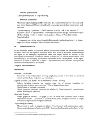 9
Desired qualifications
A recognized diploma in ship surveying.
Minimum Experience
Minimum experience required for entry into the Merchant Marine/Navy/Coast Guard
as a Junior Engineer Officer with at least 3-years experience in boat construction and
or repair.
5-years seagoing experience 2 of which should be at the rank of not less than 2nd
Engineer Officer or equivalent or 5 years experience in the design, construction/repair
of ships/fishing vessels or 3 years experience as a Marine or Assistant Marine
Superintendent.
3 years experience in the inspection of fishing vessels (hull and machinery) or 3 years
experience in the survey of ships (hull and Machinery).
D Assessment Profile
In the assessment process to determine whether or not qualifications are comparable with the
recogized certificates and diplomas mentioned above, there should be a common understanding in
the region of the underlying requirements under each subject matter. In addition, in the
development of curriculum for diploma courses for inspectors, an institute would require a full
understanding of the underlying requirements associated with the various grades. In this regard,
there could be a need to amend, for example, a City and Guilds course if it did not already include
elements of elementary naval architecture.
Subjects for consideration
Mathematics
Arithmetic: (All Grades)
Conversion of physical quantities involving length, area, volume or force from one system of
units to another. Ratio, proportion and percentages.
Algebra: (Grades 2. 2e. 3 and 4 and as modified for Grades 1 and 1e))
Indices, including fractional and negative types. Use of common logarithms for
multiplication, division, power and roots.14
Use of Naperian Logarithms
Simplification of algebraic expressions.
Simple equations. Quadratic equations, and solution, by factorization or by completing the
square. Simultaneous equations.
Graphs (All Grades)
Simple graphs of statistics. The graph y = ax + b either from calculated values or from
experimental results. Calculation of constants from graphs. Graphical solution of simple
simultaneous equations involving two unknowns.
Trigonometry (All Grades)
Measurement of angles in degrees or radians. Complimentary and supplementary angles.
Sine, cosine and tangent of angles up to 360°. Solution of right angle triangles. Proof of sine
14
Alternatively associated computer studies may be introduced.
 