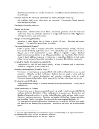 13
Distributions systems for a.c. and d.c. installations. Use of fuses and circuit breakers and use
of earth lamps.
Electrical machines AC motors/DC Generators/ DC motors. (Modify for Grade 1e)
D.C. machines: field circuits (shunt, series and compound). Commutation. Simple approach
to lap and wave windings.
Elementary Naval Architecture
General (All Grades)
Displacement. Wetted surface areas. Block, mid-section, prismatic and water-plane area
coefficients. Tonne per centimetre immersion or tons per inch immersion (TPI). Application
of Simpson's rules to areas and volumes.
Draught and buoyancy (All Grades)
Alteration of mean draught due to change in density of water. Buoyancy and reserve
buoyancy. Effects of taking water aboard in the bilge.
Transverse Stability (All Grades)16
Centre of gravity, centre of bouyancy, metacentre. Moments of statical stability, GZ curves.
Cross curves of stability Hydrostatic curves. Free surface effect (and subdivision of tanks).
Dangers due to water accumulation on deck. Effect of suspended weights. Practical
requirements to ensure stability at sea. Management of fuel and water tanks. Shift of centre
of gravity due to addition or removal of ballast, fuel or cargo (fish). Stability at small angles
of heel (second moment of area of the water plane or formulae). The inclining experiment.
Longitudinal stability (Same as transverse stability)
Longitudinal BM and GM and statical stability. Centre of flotation and its calculation.
Moment to change trim by one cm/one inch
Resistance and propulsion (Grades 2e, 3 and 4)17
Comparison of skin frictional resistance of hull with model at different speeds and residual
resistance. Admiralty and fuel coefficients. Relation between speed of vessel and fuel
consumption with constant displacement and assuming resistance varies as speed.
Elementary treatment of propellers (pitch, apparent slip, real slip, wake, thrust and power).
Structural strength (All Grades)
Simple problems on strength of structural members to resist liquid pressure. Loading due to
head of liquid.
Vessel construction (All Grades)
Common terms used in the measurement of vessels e.g. length overall, beam, moulded depth,
freeboard and draft. Definitions of boat building terms in common use. Descriptions and
sketches of structural members in wooden hulled, fibreglass hulled and steel hulled vessels.
Machinery seating arrangements. Watertight and weathertight hatches. Rudders, propellers
and sterntubes. Anchors and cables. Precautions before entering empty fuel tanks etc.
The preservation in good condition of the boats structure, in particular the bilge areas, tanks,
and watertight and weathertight arrangements. Ventilation machinery and accommodation
spaces.
16
The actual degree of difficulty could be modified to give a basic knowledge to all inspectors but a more
in depth knowledge to Hull and Hull and Machinery Inspectors.
17
An introduction could be given to the "hull only" Inspectors.
 