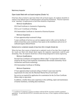 7
Machinery Inspector
Open boats fitted with out board engines (Grade 1e)
If the basic fleet is limited to open boats fitted with out board engines, the emphasis should be in
relation to the different types of outboard engines and steering mechanisms. Practical experience
in the “matching” of engine powers to hull forms should be a requirement.
Minimum Qualifications
CIG Final Certificate in Automotive Engineering
CIG Level 1 Certificate in Welding
CIG Intermediate Certificate in Automotive Electrical Systems
Minimum Experience
4 Years apprenticeship/vocational College
5 years certificate of service as a service engineer and or with a service facility of
which at least three years would have been spent on the installation and service of
outboard engines (Diesel/Petrol)
Decked and or undecked vessels of less than 24m in length (Grade 2e)
Where the basic fleet consists of decked and or undecked vessels of less than 24m in length and
the vessels are fitted with inboard diesel engines the inspection requirements could be quite
demanding. Thus, the inspector should have a broad strong background in marine engineering
Minimum Qualifications
Second Class Certificate of Competence (Motor ship)10
or Equivalent Certificate
issued by the Navy/Coast Guard (by examination) that includes elementary Naval
Architecture and Electro-technology.
CIG Intermediate Certificate in Welding
Minimum Experience
4 Years apprenticeship/vocational college of which 2 years must meet the
requirements for entry into the Merchant Marine/Navy/Coast Guard
Sea service as required for application for examination for the 2n.Class Certificate
(Motor ship) or equivalent
In addition, a further three years experience in the outfitting, repair and maintenance
of marine machinery, including deck machinery.
10
A certificate of competency issued in accordance with the STCW convention would be considered
appropriate. As and when the STCW-F convention enters into force, a Class I engineer certificate might be
acceptable.
 