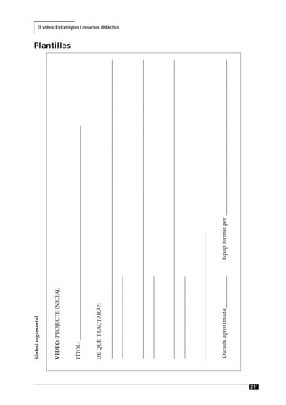 Síntesi argumental


      VÍDEO: PROJECTE INICIAL
                                                                                                                          Plantilles


      TÍTOL: _________________________________________________________________________________


      DE QUÈ TRACTARÀ?:
      _________________________________________________________________________________________________________________
                                                                                                                                       El vídeo. Estratègies i recursos didàctics




      _______________________________


      _________________________________________________________________________________________________________________
      _______________________________


      _________________________________________________________________________________________________________________
      _______________________________


      _______________________________________________


      Durada aproximada ____________       Equip format per ___________________________________________________________




211
 
