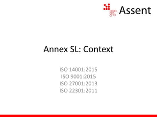 Annex SL: Context
ISO 14001:2015
ISO 9001:2015
ISO 27001:2013
ISO 22301:2011
 