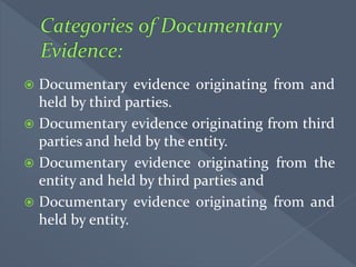  Documentary evidence originating from and
held by third parties.
 Documentary evidence originating from third
parties and held by the entity.
 Documentary evidence originating from the
entity and held by third parties and
 Documentary evidence originating from and
held by entity.
 