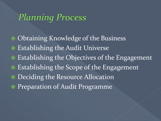  Obtaining Knowledge of the Business
 Establishing the Audit Universe
 Establishing the Objectives of the Engagement
 Establishing the Scope of the Engagement
 Deciding the Resource Allocation
 Preparation of Audit Programme
 