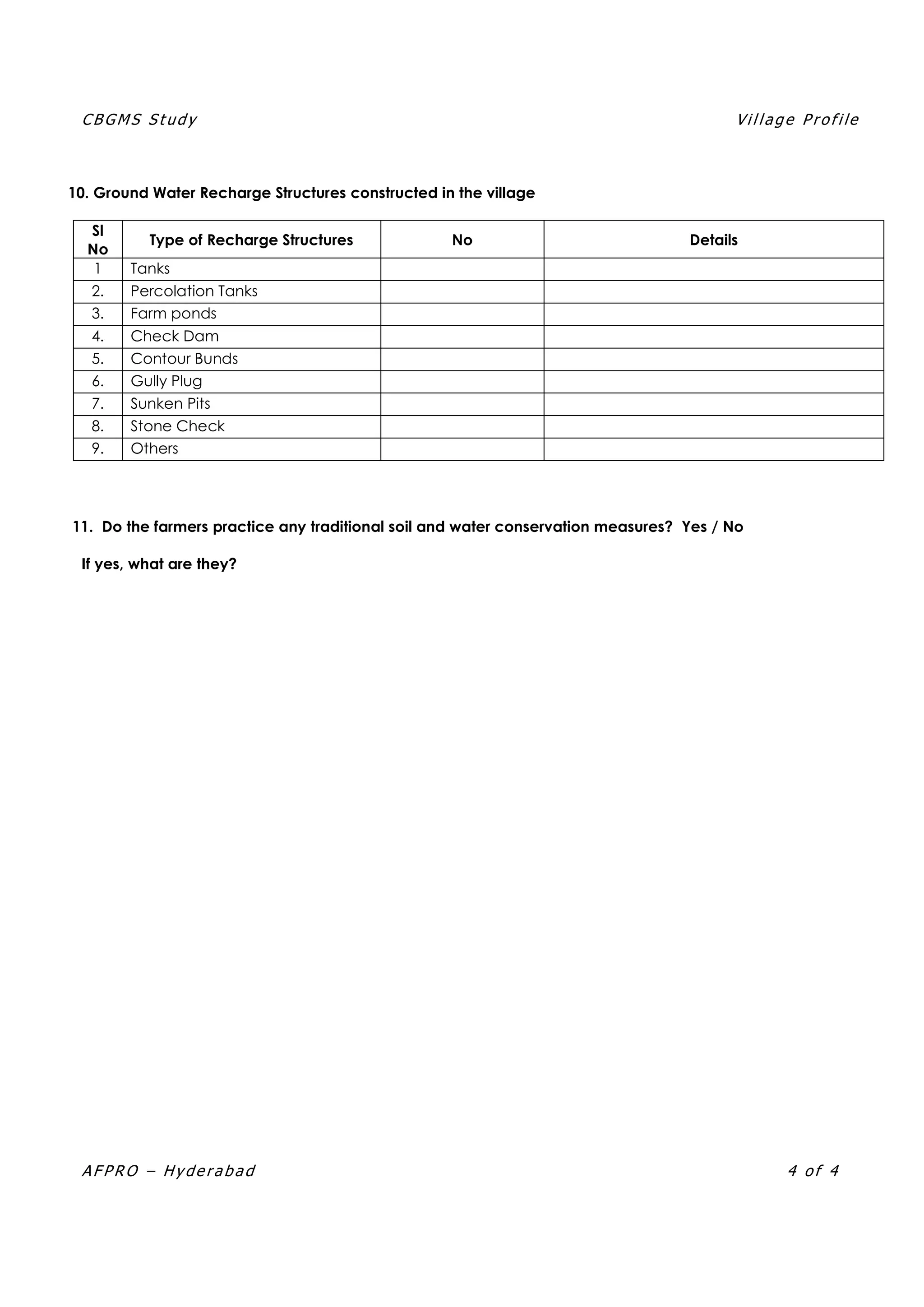 CB GMS S t udy Vil lage Profile
AF PR O – Hyde rabad 4 of 4
10. Ground Water Recharge Structures constructed in the village
Sl
No
Type of Recharge Structures No Details
1 Tanks
2. Percolation Tanks
3. Farm ponds
4. Check Dam
5. Contour Bunds
6. Gully Plug
7. Sunken Pits
8. Stone Check
9. Others
11. Do the farmers practice any traditional soil and water conservation measures? Yes / No
If yes, what are they?
 