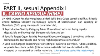 Capt. Persobi Waldemar.M 36
PART II, sesuai Appendix I
UN GHS : Cargo Residue yang berasal dari Solid Bulk Cargo sesuai klasifikasi kriteria
United Nations Globally Harmonized System of Classification dan Labeling of
Chemicals (GHS) yang memenuhi parameter sbb;
.5 Reproductive Toxicity Category 1A or 1B combined with not being rapidly
degradable and having high bioaccumulation: and /or
.6 Specific Target Organ Toxicity Repeated Exposure Category 1 combined with not
being rapidly degradable and having high bioaccumulation: and /or
.7 Solid Bulk Cargoes containing or consisting of synthetic polymers, rubber, plactics,
or plastic feedstock pellets (this includes materials that are shredded, mild,
chopped or macerated or similar materials. (Lihat translate pada slide sebelumnya)
Continue..
 
