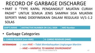 RECORD OF GARBAGE DISCHARGE
• PART II “TYPE KAPAL PENGANGKUT MUATAN CURAH
PADAT” UNTUK SEMUA JENIS SAMPAH SISA MUATAN
SEPERTI YANG DIDEFINISIKAN DALAM REGULASI VI/1-1.2
SOLAS
• Garbage Categories
KETERANGAN : - non-HME = Tidak Membahayakan Lingkungan Maritim
: - HME = HARMFUL TO MARINE ENVIRONMENT
Capt. Persobi Waldemar.M 47
SHIP’S NAME DISTINCTIVE NUMBER OR CALL SIGN IMO Number
J- CARGO RESIDUE (non-HME) K- CARGO RESIDUES (HME)
 