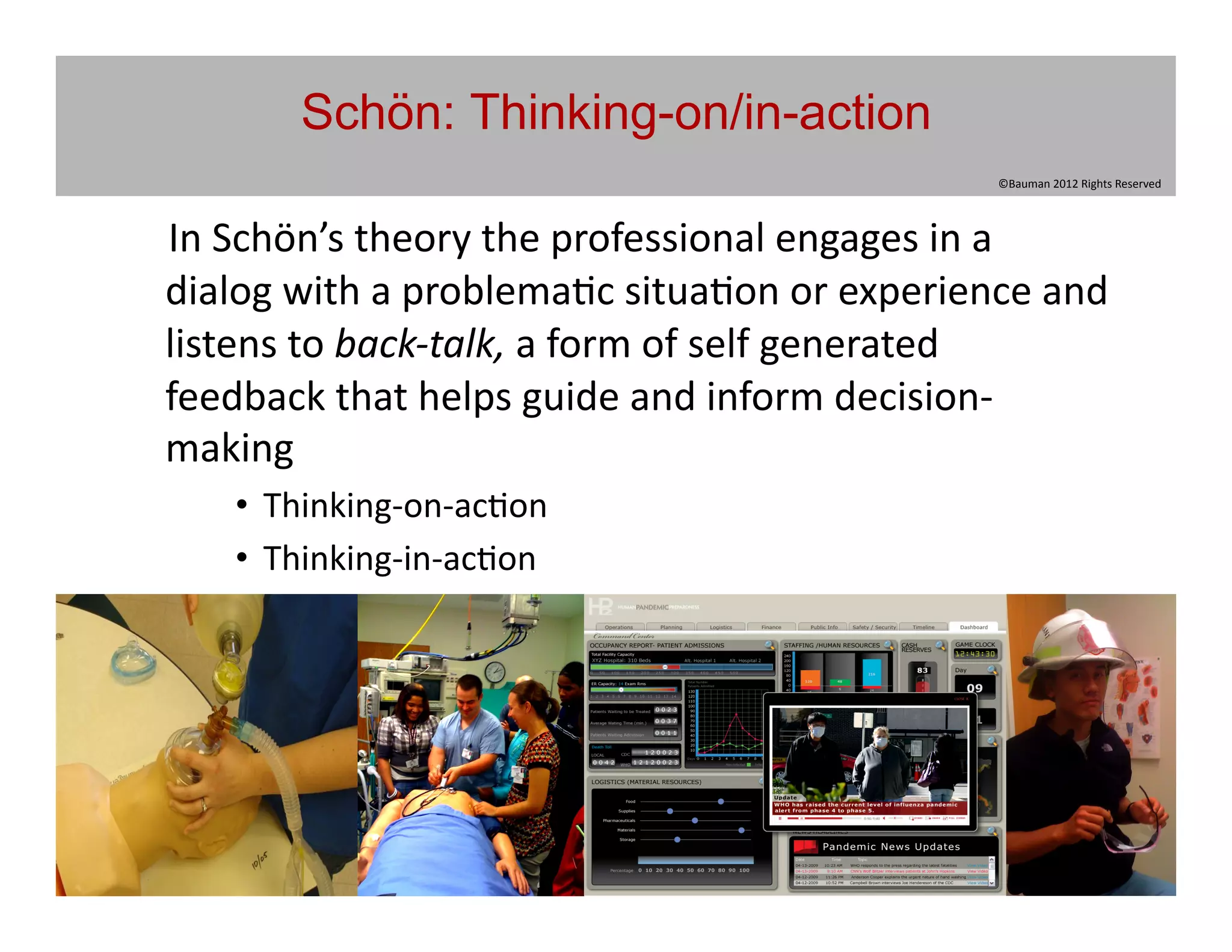 Schön: Thinking-on/in-action
                                                                                       ©Bauman	
  2012	
  Rights	
  Reserved	
  




	
  	
  	
  	
  In	
  Schön’s	
  theory	
  the	
  professional	
  engages	
  in	
  a	
  
    dialog	
  with	
  a	
  problema@c	
  situa@on	
  or	
  experience	
  and	
  
    listens	
  to	
  back-­‐talk,	
  a	
  form	
  of	
  self	
  generated	
  
    feedback	
  that	
  helps	
  guide	
  and	
  inform	
  decision-­‐
    making	
  	
  
           •  Thinking-­‐on-­‐ac@on	
  	
  
           •  Thinking-­‐in-­‐ac@on	
  
 