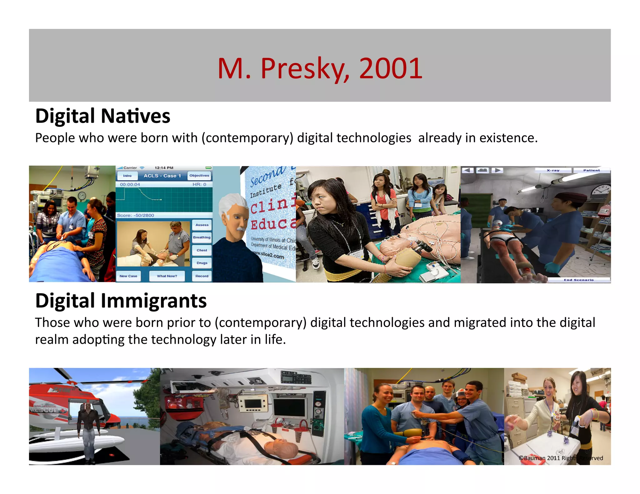 M.	
  Presky,	
  2001	
  
Digital	
  Na/ves	
  
People	
  who	
  were	
  born	
  with	
  (contemporary)	
  digital	
  technologies	
  	
  already	
  in	
  existence.	
  




Digital	
  Immigrants	
  
Those	
  who	
  were	
  born	
  prior	
  to	
  (contemporary)	
  digital	
  technologies	
  and	
  migrated	
  into	
  the	
  digital	
  
realm	
  adop@ng	
  the	
  technology	
  later	
  in	
  life.	
  




                                                                                                                     ©Bauman	
  2011	
  Rights	
  Reserved	
  
 