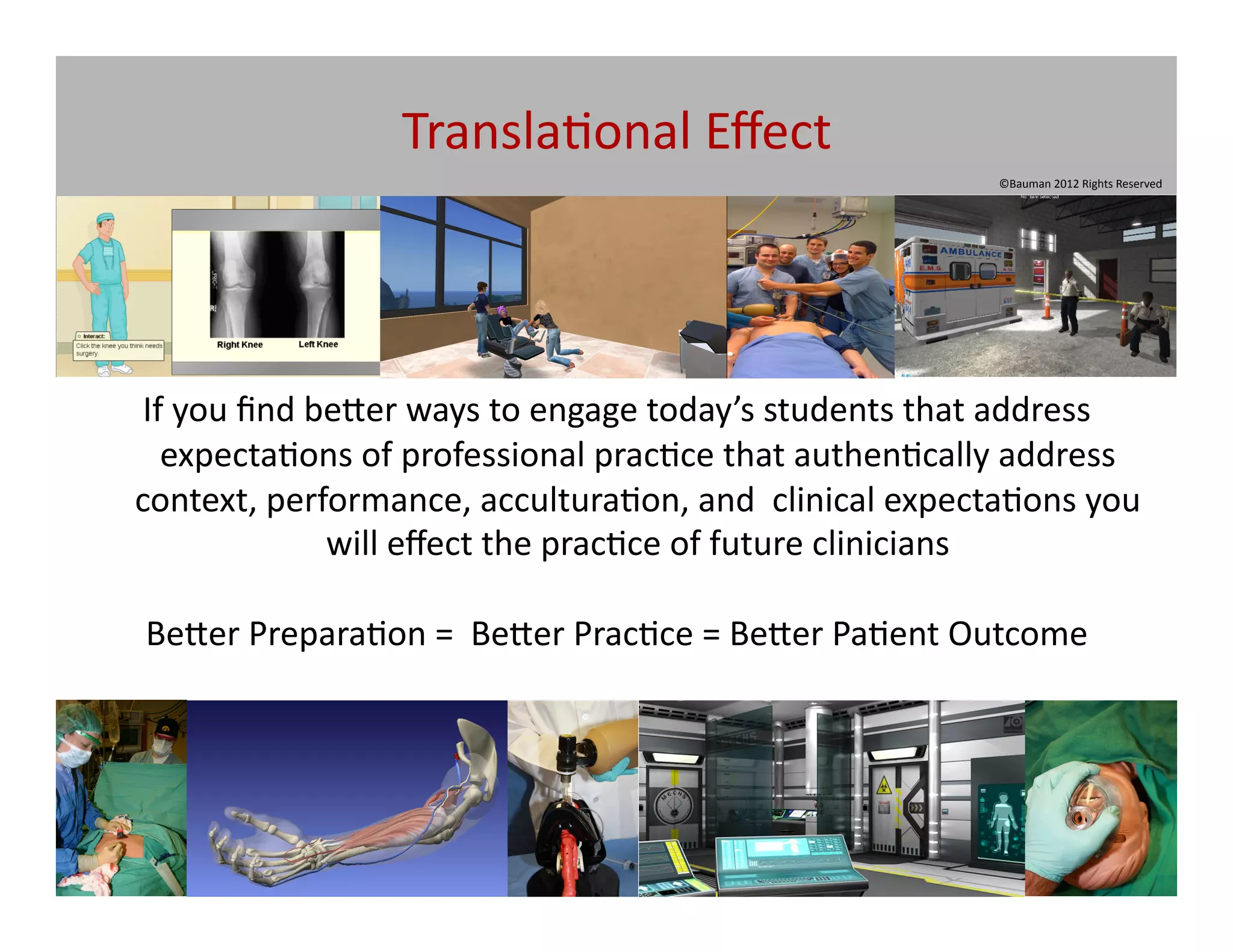 Transla@onal	
  Eﬀect	
  
                                                                                 ©Bauman	
  2012	
  Rights	
  Reserved	
  




 If	
  you	
  ﬁnd	
  be[er	
  ways	
  to	
  engage	
  today’s	
  students	
  that	
  address	
  
   expecta@ons	
  of	
  professional	
  prac@ce	
  that	
  authen@cally	
  address	
  
context,	
  performance,	
  accultura@on,	
  and	
  	
  clinical	
  expecta@ons	
  you	
  
                      will	
  eﬀect	
  the	
  prac@ce	
  of	
  future	
  clinicians	
  

 Be[er	
  Prepara@on	
  =	
  	
  Be[er	
  Prac@ce	
  =	
  Be[er	
  Pa@ent	
  Outcome	
  
 