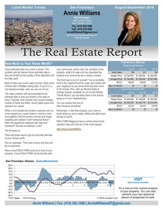 The Real Estate Report
Home estimate sites are a dime a dozen. The
problem with all internet home estimate sites is
they are limited by the quality of their algorithm and
the data used.
Most of them use county sales records, while some
of them add in Multiple Listing data. If you’re in a
non-disclosure state, well, you are out of luck.
The major problem with all automated home
estimate sites is they are limited to the data on
hand. Typically, that includes only square footage,
number of beds and baths, recent sales prices and
assessor tax values.
What is not included are location nuances such as
is the property on a quiet street or next to a main
thoroughfare. Did the owners remove that cheap
carpeting and replace it with hardwood floors?
Were the appliances replaced with high-end
hardware? Granite countertops or tile?
The list goes on.
There are three ways to get an accurate estimate
of your homes worth.
Hire an appraiser. That costs money and they will
be conservative.
Have a local REALTOR® come by to look at your
property. A local REALTOR® will be familiar with
your community, what’s sold, the condition of the
property, what’s for sale and how desirable the
property and community are in today’s market.
The third way is to do it yourself. You’ve probably
lived in the neighborhood for years and visited with
your neighbors so you know what has been done
to the homes. Plus, with our Recent Sales &
Listings module, available on our on-line Market
Trends Report, you can keep track of the activity
going on in your neighborhood.
You can access that tool at:
http://rereport.com/sf/aw/
Remember, in the final analysis, your home is
worth what you and a ready, willing and able buyer
decide it’s worth.
REALTOR® Magazine has an article about home
valuation sites and lists six of the most popular.
http://tinyurl.com/h6r65ou
Hill & Company
1880 Lombard Street
San, Francisco 94123
Fax: (415) 202-1686
Cell: (415) 819-2663
AnnieWilliamsSF@gmail.com
http://www.anniewilliamshomes.com
DRE #01393923
Annie Williams
Annie Williams | Fax: (415) 202-1686 | AnnieWilliamsSF@gmail.com
How Much is Your Home Worth?
_____________________
VISIT
http://rereport.com/sf/aw/
for a free on-line market analysis
of your property. You can also
perform your own personal
search of properties for sale.
Local Market Trends August/September 2016San Francisco
Jul 16 Jun 16 Jul 15
Home Sales: 196 231 236
Median Price: 1,362,500$ 1,360,000$ 1,280,000$
Average Price: 1,744,082$ 1,794,939$ 1,657,986$
SP/LP: 106.8% 105.8% 113.2%
Days on Market: 32 28 25
Jul 16 Jun 16 Jul 15
Condo Sales: 245 257 272
Median Price: 1,045,000$ 1,180,000$ 1,033,509$
Average Price: 1,204,372$ 1,223,710$ 1,214,478$
SP/LP: 103.3% 104.8% 107.8%
Days on Market: 39 35 29
(Lofts/Tow nhomes/TIC)
Trends at a Glance
(Single-family Homes)
-25.0
-20.0
-15.0
-10.0
-5.0
0.0
5.0
10.0
15.0
20.0
25.0
0
8
M M J S N 0
9
M M J S N 1
0
M M J S N 1
1
M M J S N 1
2
M M J S N 1
3
M M J S N 1
4
M M J S N 1
5
M M J S N 1
6
M M J
San Francisco Homes: Sales Momentum
Sales Pricing © 2016 rereport.com
 