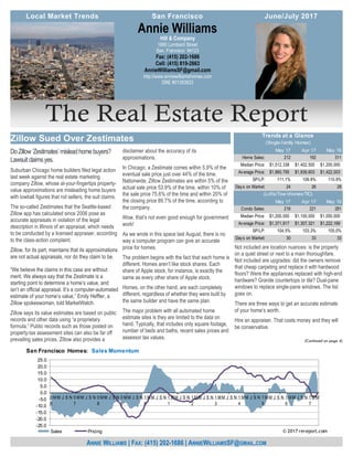The Real Estate Report
Not included are location nuances: is the property
on a quiet street or next to a main thoroughfare.
Not included are upgrades: did the owners remove
that cheap carpeting and replace it with hardwood
floors? Were the appliances replaced with high-end
hardware? Granite countertops or tile? Dual-pane
windows to replace single-pane windows. The list
goes on.
There are three ways to get an accurate estimate
of your home’s worth.
Hire an appraiser. That costs money and they will
be conservative.
(Continued on page 4)
DoZillow‘Zestimates’misleadhomebuyers?
Lawsuitclaimsyes.
Suburban Chicago home builders filed legal action
last week against the real estate marketing
company Zillow, whose at-your-fingertips property-
value approximations are misleading home buyers
with lowball figures that roil sellers, the suit claims.
The so-called Zestimates that the Seattle-based
Zillow app has calculated since 2006 pose as
accurate appraisals in violation of the legal
description in Illinois of an appraisal, which needs
to be conducted by a licensed appraiser, according
to the class-action complaint.
Zillow, for its part, maintains that its approximations
are not actual appraisals, nor do they claim to be.
“We believe the claims in this case are without
merit. We always say that the Zestimate is a
starting point to determine a home’s value, and
isn’t an official appraisal. It’s a computer-automated
estimate of your home’s value,” Emily Heffter, a
Zillow spokeswoman, told MarketWatch.
Zillow says its value estimates are based on public
records and other data using “a proprietary
formula.” Public records such as those posted on
property-tax assessment sites can also be far off
prevailing sales prices. Zillow also provides a
disclaimer about the accuracy of its
approximations.
In Chicago, a Zestimate comes within 5.9% of the
eventual sale price just over 44% of the time.
Nationwide, Zillow Zestimates are within 5% of the
actual sale price 53.9% of the time, within 10% of
the sale price 75.6% of the time and within 20% of
the closing price 89.7% of the time, according to
the company.
Wow, that’s not even good enough for government
work!
As we wrote in this space last August, there is no
way a computer program can give an accurate
price for homes.
The problem begins with the fact that each home is
different. Homes aren’t like stock shares. Each
share of Apple stock, for instance, is exactly the
same as every other share of Apple stock.
Homes, on the other hand, are each completely
different, regardless of whether they were built by
the same builder and have the same plan.
The major problem with all automated home
estimate sites is they are limited to the data on
hand. Typically, that includes only square footage,
number of beds and baths, recent sales prices and
assessor tax values.
Hill & Company
1880 Lombard Street
San, Francisco 94123
Fax: (415) 202-1686
Cell: (415) 819-2663
AnnieWilliamsSF@gmail.com
http://www.anniewilliamshomes.com
DRE #01393923
Annie Williams
ANNIE WILLIAMS | FAX: (415) 202-1686 | ANNIEWILLIAMSSF@GMAIL.COM
Zillow Sued Over Zestimates
Local Market Trends June/July 2017San Francisco
May 17 Apr 17 May 16
Home Sales: 212 192 311
Median Price: 1,512,338$ 1,402,500$ 1,200,000$
Average Price: 1,860,795$ 1,839,603$ 1,422,003$
SP/LP: 111.1% 109.8% 110.9%
Days on Market: 24 26 28
May 17 Apr 17 May 16
Condo Sales: 216 221 281
Median Price: 1,200,000$ 1,100,000$ 1,050,000$
Average Price: 1,371,817$ 1,307,321$ 1,222,169$
SP/LP: 104.5% 103.3% 105.0%
Days on Market: 30 33 33
(Lofts/Tow nhomes/TIC)
Trends at a Glance
(Single-family Homes)
-25.0
-20.0
-15.0
-10.0
-5.0
0.0
5.0
10.0
15.0
20.0
25.0
0
6
MM J S N 0
7
MM J S N 0
8
MM J S N 0
9
MM J S N 1
0
MM J S N 1
1
MM J S N 1
2
MM J S N 1
3
MM J S N 1
4
MM J S N 1
5
MM J S N 1
6
MM J S N 1
7
MM
San Francisco Homes: Sales Momentum
Sales Pricing © 2017 rereport.com
 