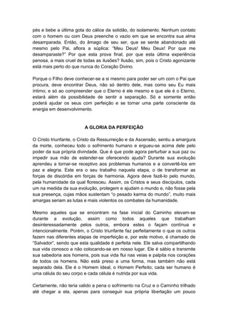 pés e bebe a última gota do cálice da solidão, do isolamento. Nenhum contato
com o homem ou com Deus preenche o vazio em que se encontra sua alma
desamparada. Então, do âmago de seu ser, que se sente abandonado até
mesmo pelo Pai, aflora a súplica: “Meu Deus! Meu Deus! Por que me
desamparaste?” Por que esta prova final, por que esta última experiência
penosa, a mais cruel de todas as ilusões? Ilusão, sim, pois o Cristo agonizante
está mais perto do que nunca do Coração Divino.

Porque o Filho deve conhecer-se a si mesmo para poder ser um com o Pai que
procura, deve encontrar Deus, não só dentro dele, mas como seu Eu mais
íntimo; e só ao compreender que o Eterno é ele mesmo e que ele é o Eterno,
estará além da possibilidade de sentir a separação. Só e somente então
poderá ajudar os seus com perfeição e se tornar uma parte consciente da
energia em desenvolvimento.


                         A GLORIA DA PERFEIÇÃO

O Cristo triunfante, o Cristo da Ressurreição e da Ascensão, sentiu a amargura
da morte, conheceu todo o sofrimento humano e ergueu-se acima dele pelo
poder da sua própria divindade. Que é que pode agora perturbar a sua paz ou
impedir sua mão de estender-se oferecendo ajuda? Durante sua evolução
aprendeu a tornar-se receptivo aos problemas humanos e a convertê-los em
paz e alegria. Este era o seu trabalho naquela etapa, o de transformar as
forças de discórdia em forças de harmonia. Agora deve fazê-lo pelo mundo,
pela humanidade da qual floresceu. Assim, os Cristos e seus discípulos, cada
um na medida da sua evolução, protegem e ajudam o mundo e, não fosse pela
sua presença, cujas mãos sustentam “o pesado karma do mundo”, muito mais
amargas seriam as lutas e mais violentos os combates da humanidade.

Mesmo aqueles que se encontram na fase inicial do Caminho elevam-se
durante a evolução, assim como todos aqueles que trabalham
desinteressadamente pelos outros, embora estes o façam contínua e
intencionalmente. Porém, o Cristo triunfante faz perfeitamente o que os outros
fazem nas diferentes etapas de imperfeição e, por este motivo, é chamado de
“Salvador”, sendo que esta qualidade é perfeita nele. Ele salva compartilhando
sua vida conosco e não colocando-se em nosso lugar. Ele é sábio e transmite
sua sabedoria aos homens, pois sua vida flui nas veias e palpita nos corações
de todos os homens. Não está preso a uma forma, mas também não está
separado dela. Ele é o Homem Ideal, o Homem Perfeito; cada ser humano é
uma célula do seu corpo e cada célula é nutrida por sua vida.

Certamente, não teria valido a pena o sofrimento na Cruz e o Caminho trilhado
até chegar a ela, apenas para conseguir sua própria libertação um pouco
 