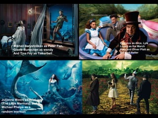 Beyonce as Alice, Lyle Lovett as the March Hare and Oliver Platt as the Mad HatterMikhail Baryshnikov as Peter Pan, Gisele Bundchen as wendy And Tina Fey as TinkerbellJulianne Moore as Ariel (The Little Mermaid) and Michael Phelps as a random merman